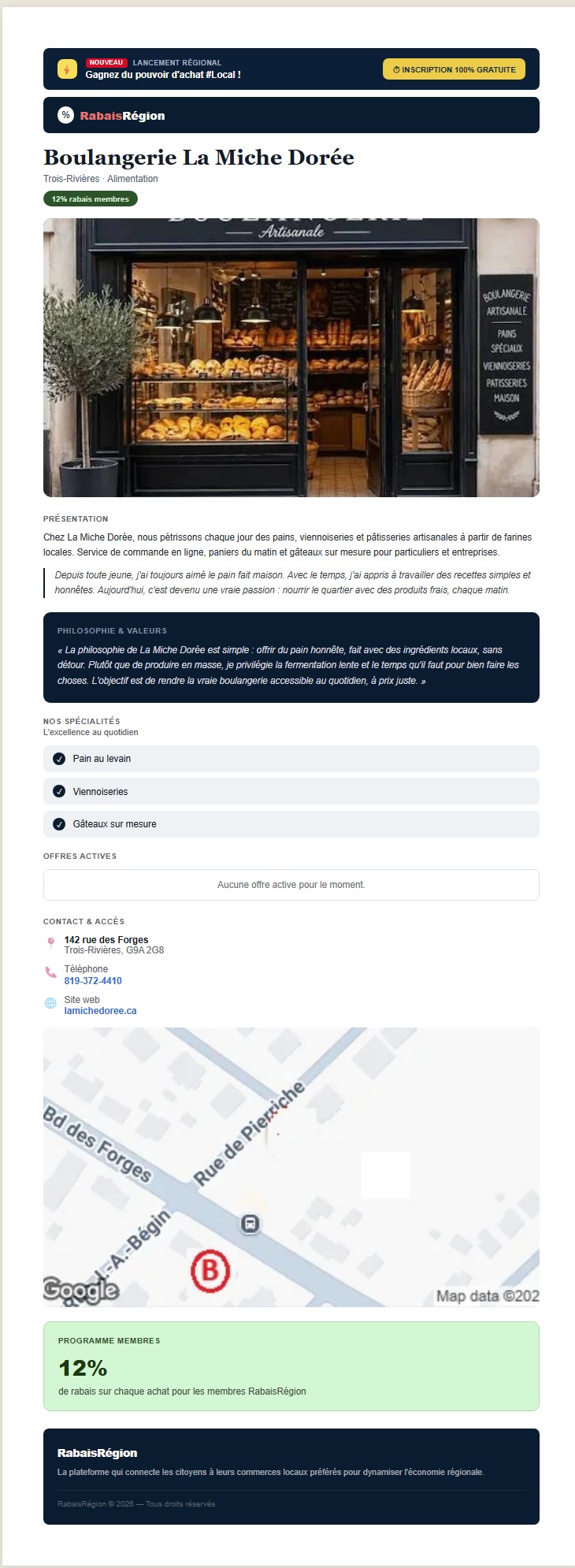 Exemple de page entreprise RabaisLocal — maquette